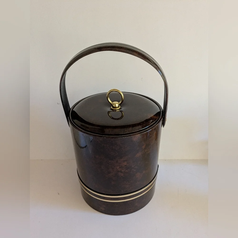 Ice Bucket Faux Tortoise With Lid Vintage Made USA Monogram Letters Thongs